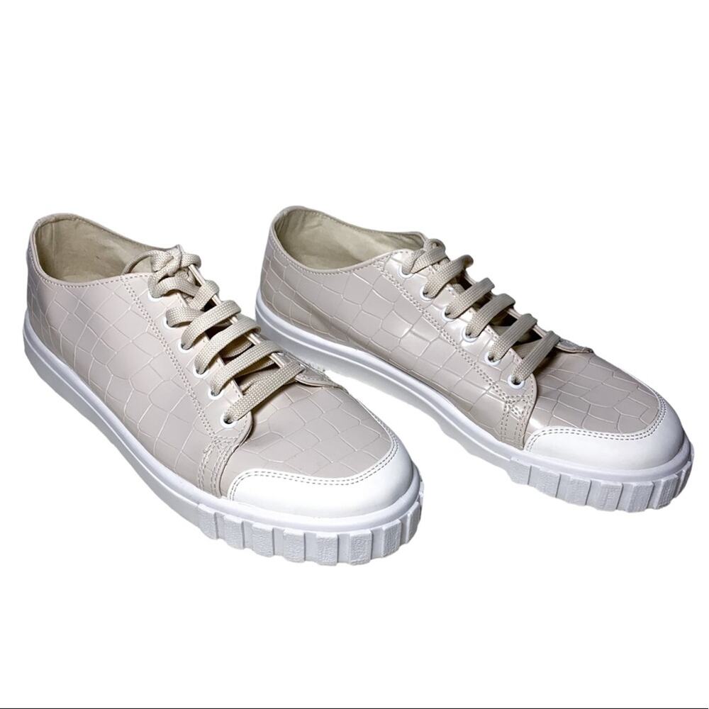 ASOS Design Italian Dismiss Lace Up Lug Trim Chunky Sneakers Glossy Beige Tan 7